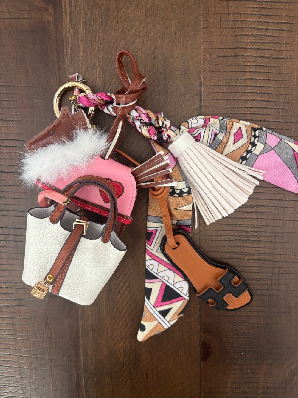 Pink & Brown Purse Charm Set – Twilly Scarf, Tassel & Handbag Accessories